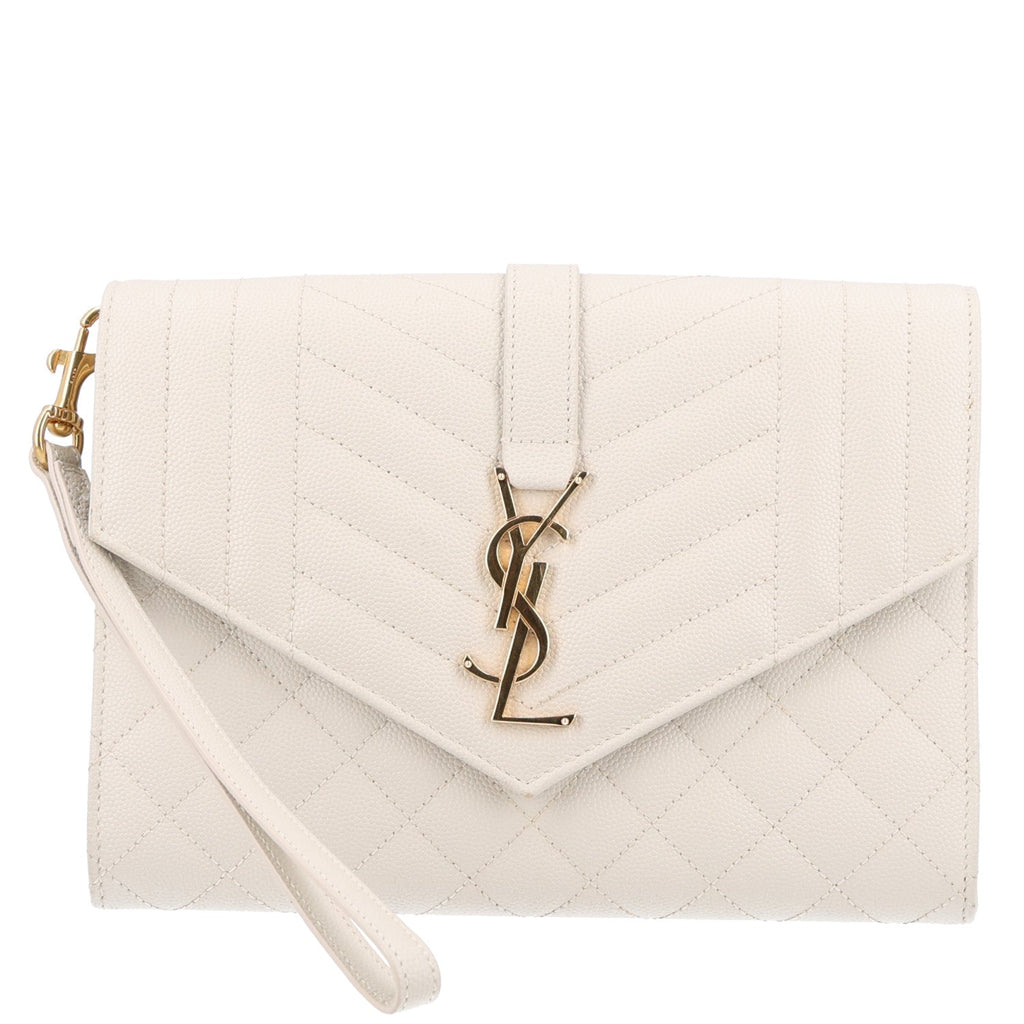 Saint Laurent Grain De Poudre Textured Mixed Matelasse Triquilt Monogram Clutch Crema Soft