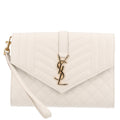 Saint Laurent Grain De Poudre Textured Mixed Matelasse Triquilt Monogram Clutch Crema Soft