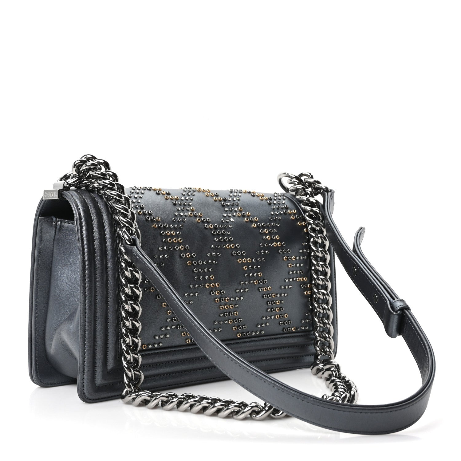 Chanel Metallic Calfskin Crystal Medium Boy Flap Dark Silver