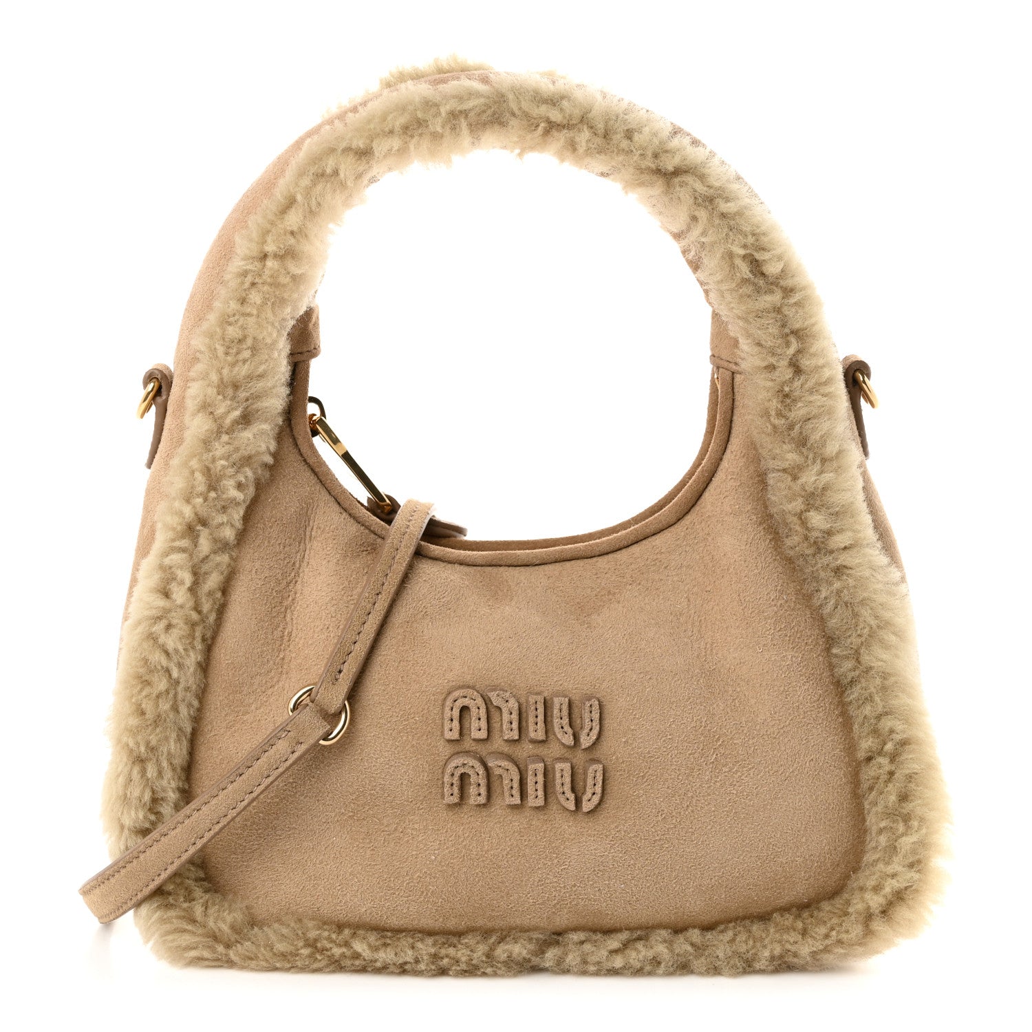 Miu Miu Suede Shearling Mini Wander Hobo Sabbia