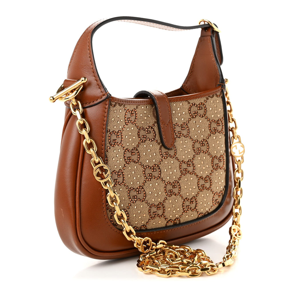 Gucci New Canvas Charisma Calfskin Crystal GG Monogram Mini Jackie 1961 Hobo Camel Ebony
