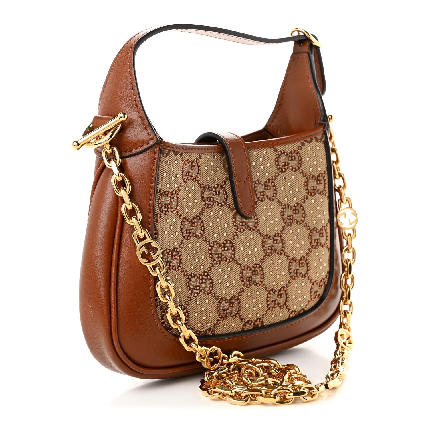Gucci New Canvas Charisma Calfskin Crystal GG Monogram Mini Jackie 1961 Hobo Camel Ebony