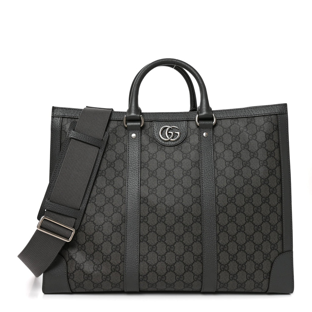 Gucci GG Supreme Monogram Textured Dollar Calfskin Large Ophidia Tote Bag Grey Black Graphite Grey