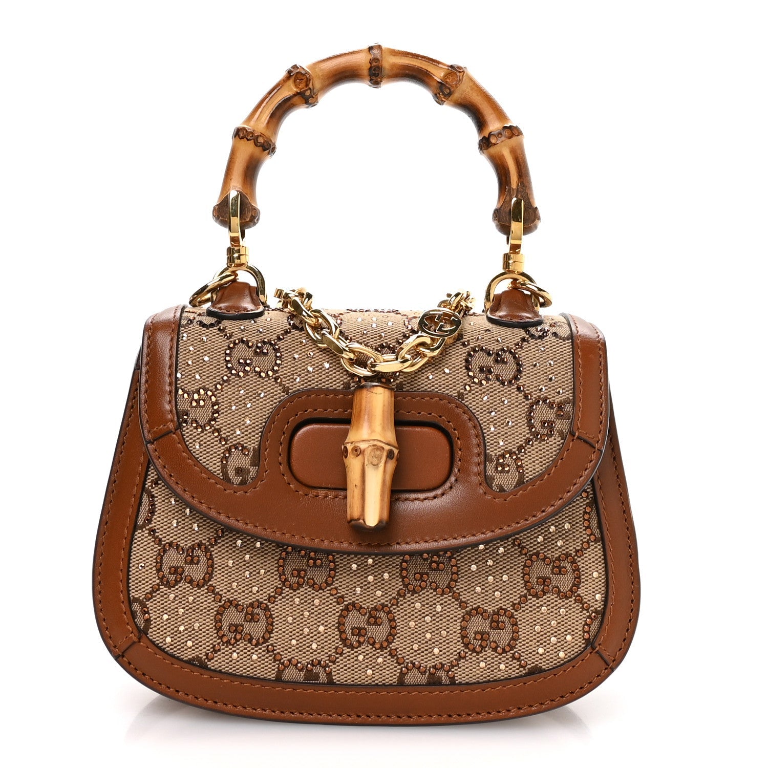 Gucci New Canvas Charisma Calfskin Crystal GG Monogram Small Bamboo 1947 Top Handle Bag Camel Ebony
