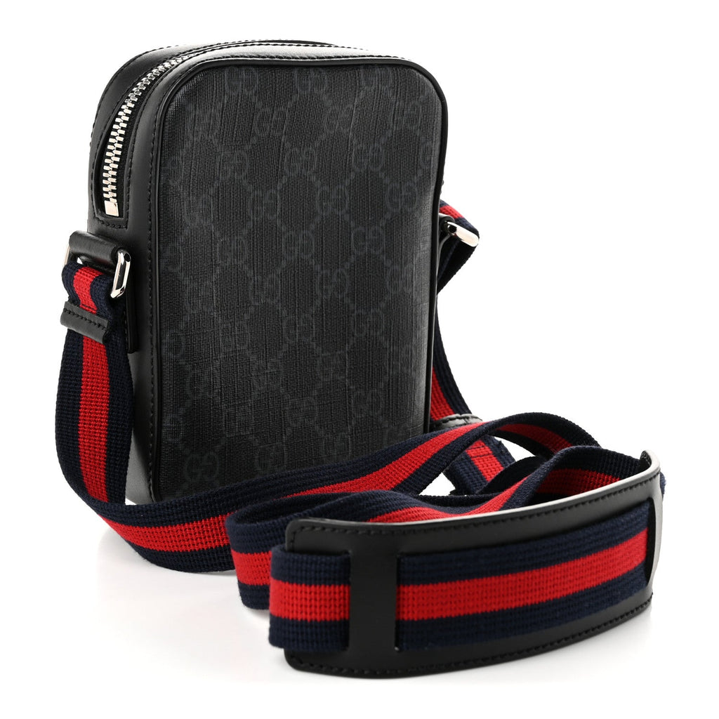 Gucci GG Supreme Monogram Appia Calfskin Web Small Camera Messenger Bag Black Grey