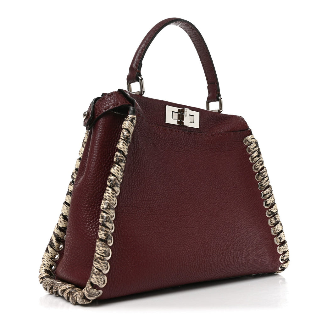 Fendi Cuoio Romano Elaphe Selleria Lace Up Bi-Color Medium Peekaboo Iconic Satchel Bordeaux Grigio Polvere Natural