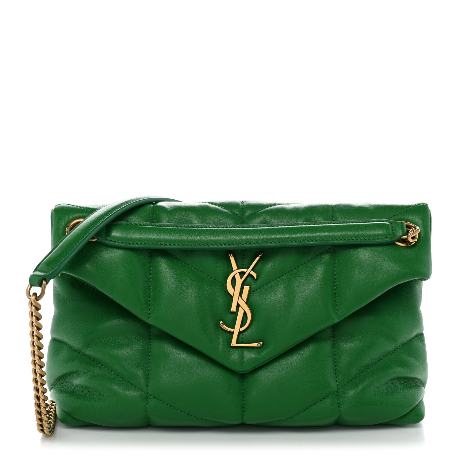 Saint Laurent Lambskin Quilted Small Loulou Puffer Monogram Chain Satchel New Vert