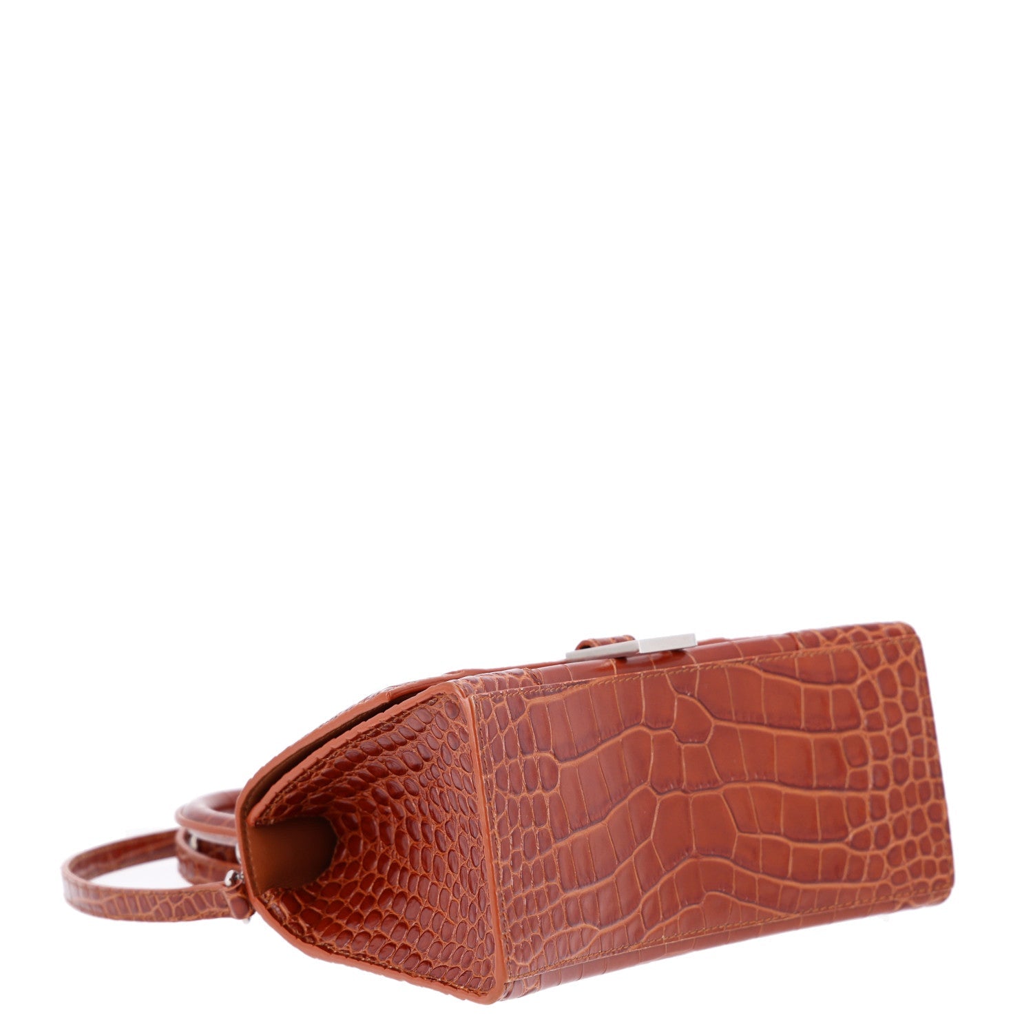 Balenciaga Shiny Calfskin Crocodile Embossed Small Hourglass Top Handle Bag Camel