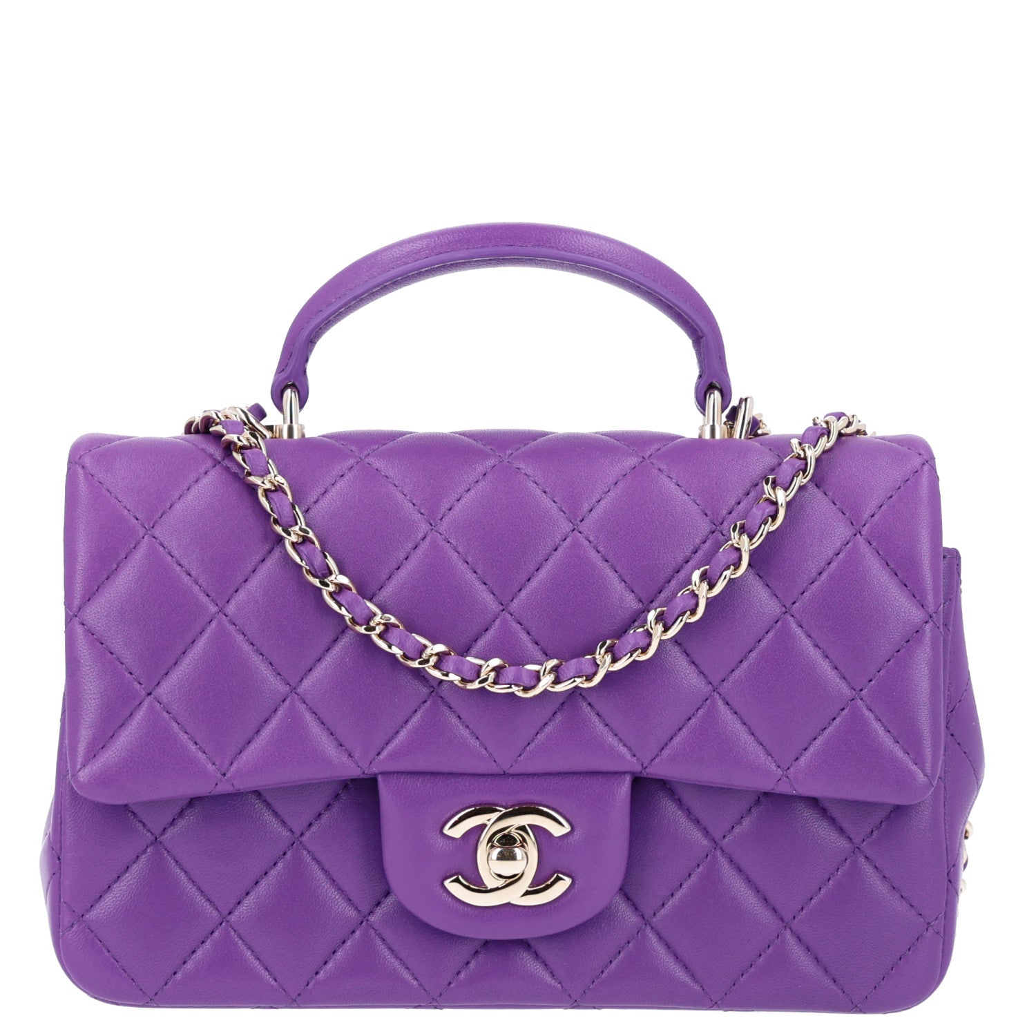 Chanel Lambskin Quilted Mini Top Handle Rectangular Flap Dark Purple
