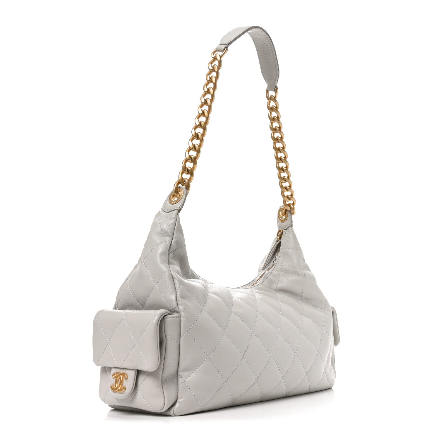 Chanel Shiny Lambskin Quilted Large Trendy Pockets Hobo Light Grey