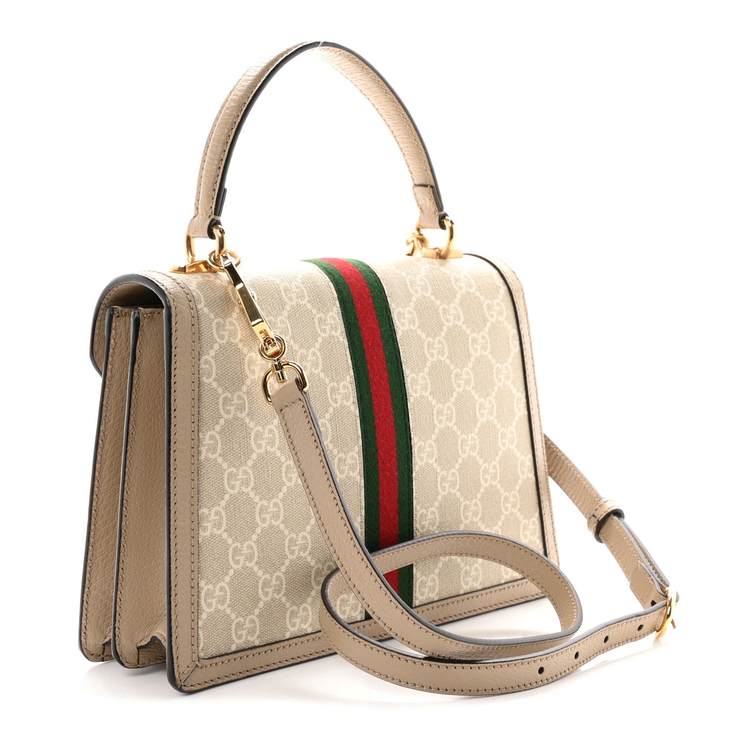 Gucci GG Supreme Monogram Textured Dollar Calfskin Web Small Ophidia Padlock Top Handle Bag Beige Mystic White Oatmeal