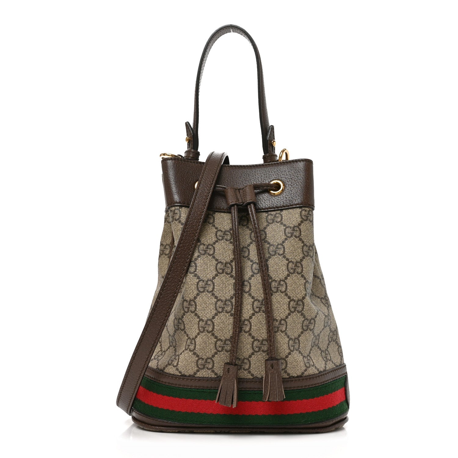 Gucci GG Supreme Monogram Web Small Ophidia Bucket Bag Brown front view
