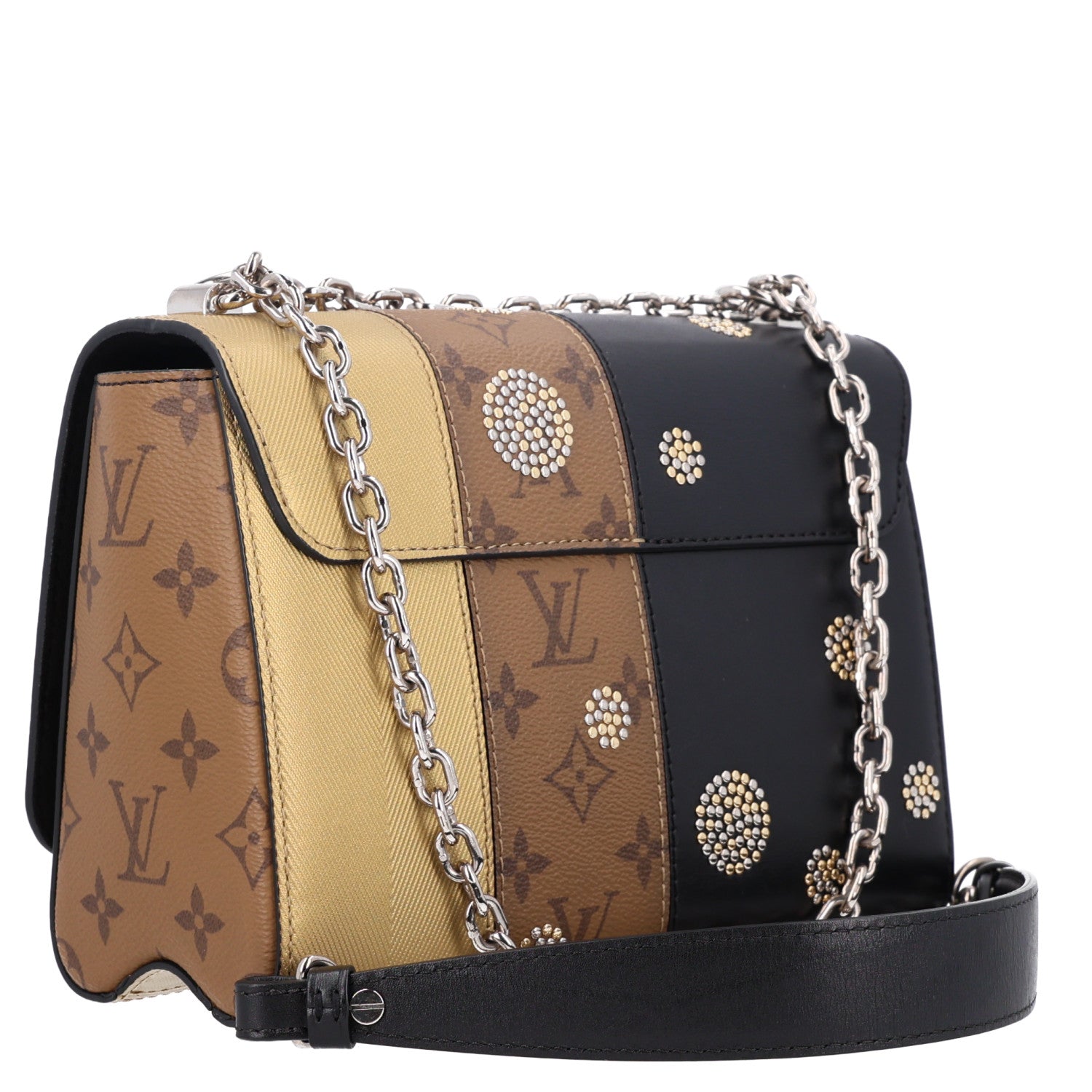 Louis Vuitton Calfskin Reverse Monogram Studded Twist Shoulder Bag MM Black Gold