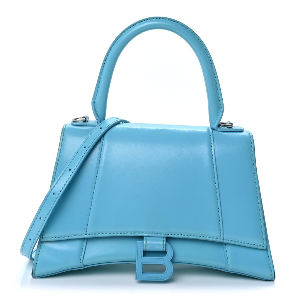 Balenciaga Shiny Box Calfskin Tonal B Small Hourglass Top Handle Bag Azur