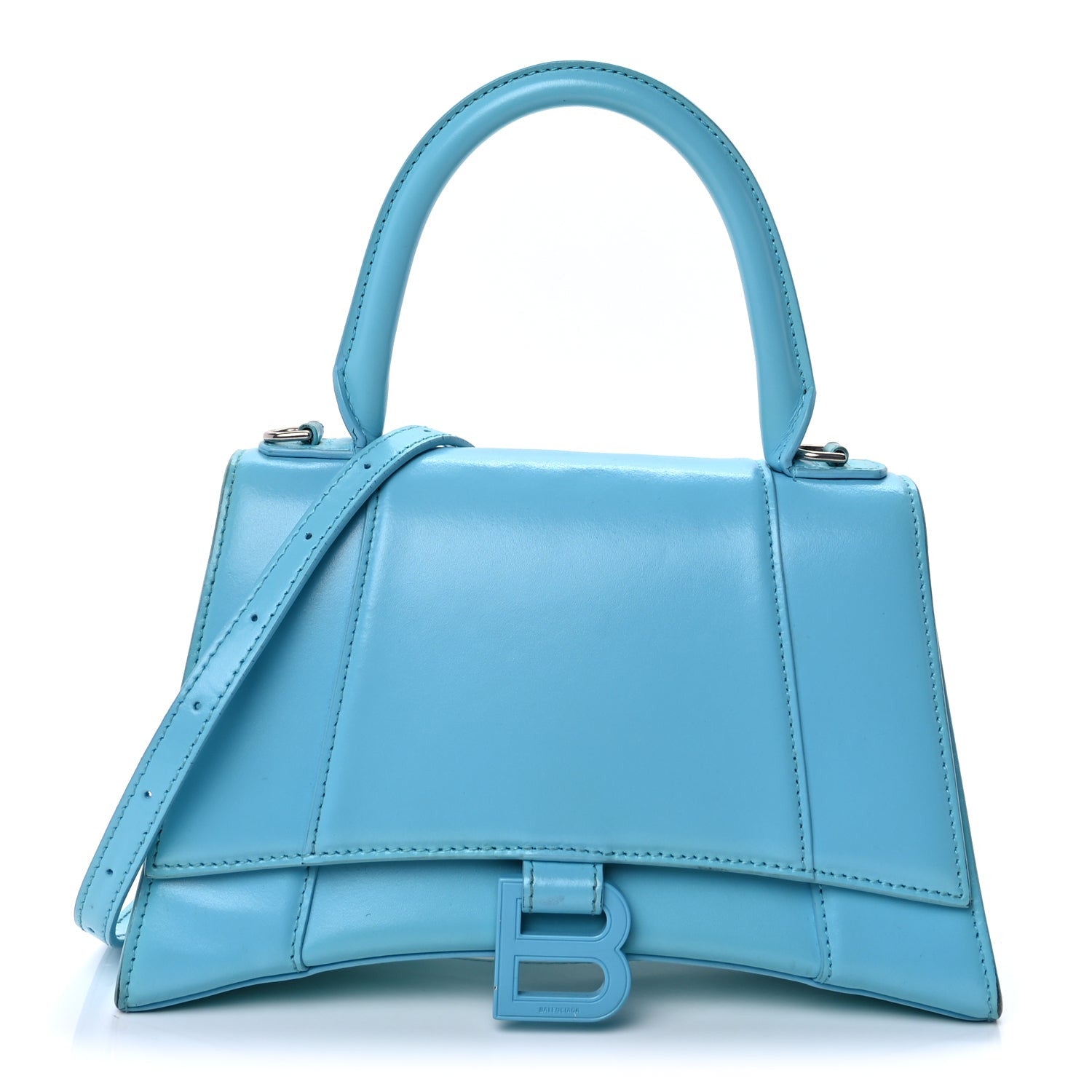 Balenciaga Shiny Box Calfskin Tonal B Small Hourglass Top Handle Bag Azur