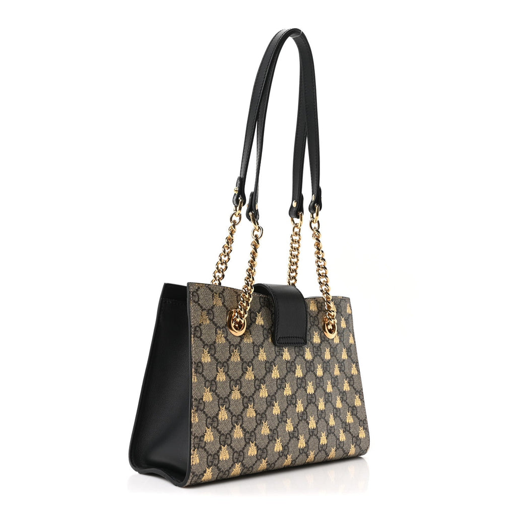 Gucci GG Supreme Monogram Bees Small Padlock Tote Beige Oro Black