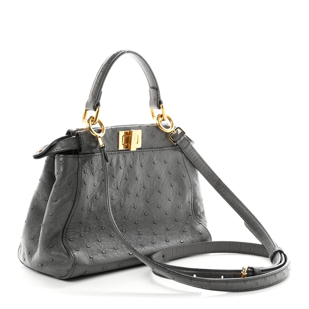 Fendi Ostrich Shiny Nappa Mini Peekaboo Iconic Satchel Grey