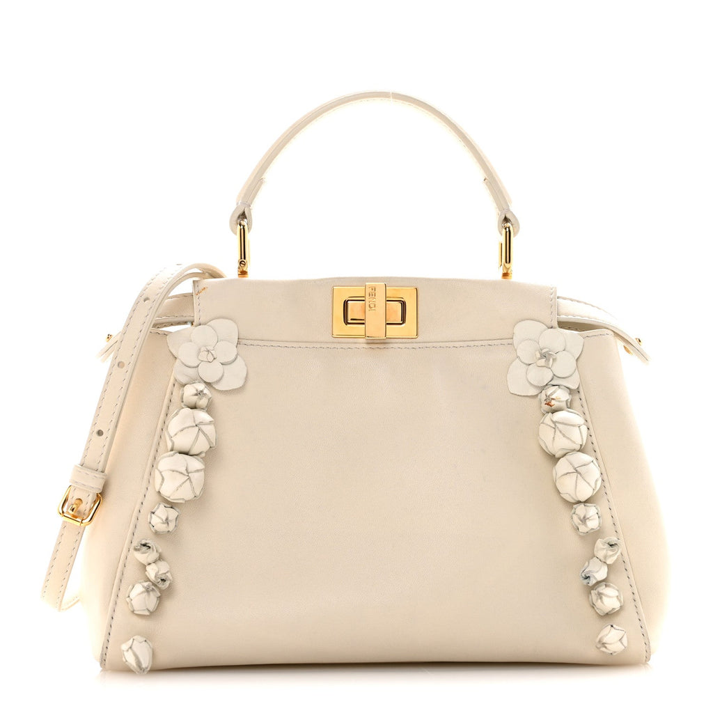 Fendi Nappa Rosebud Mini Peekaboo Iconic Satchel Bianco