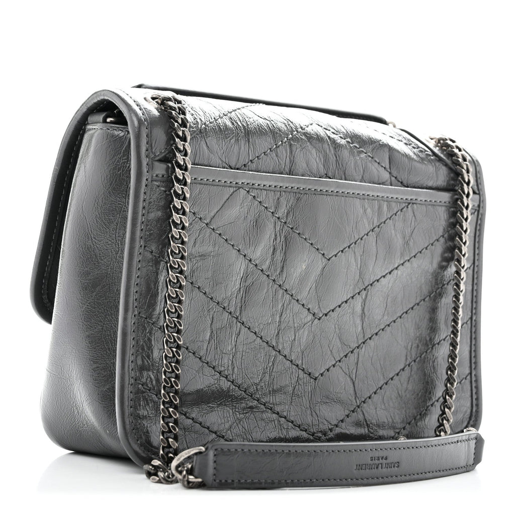 Saint Laurent Crinkled Calfskin Matelasse Monogram Baby Niki Chain Satchel Storm