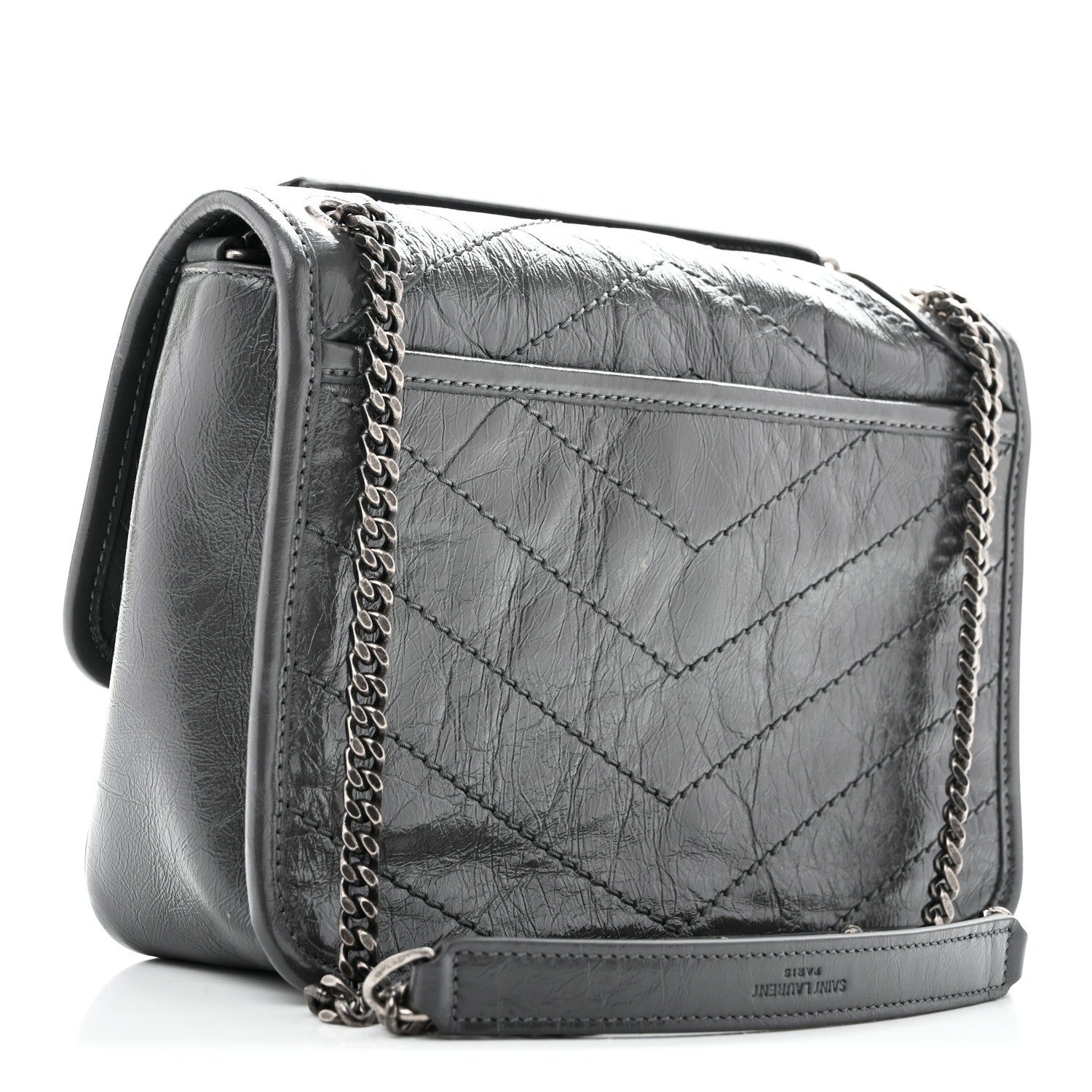 Saint Laurent Crinkled Calfskin Matelasse Monogram Baby Niki Chain Satchel Storm