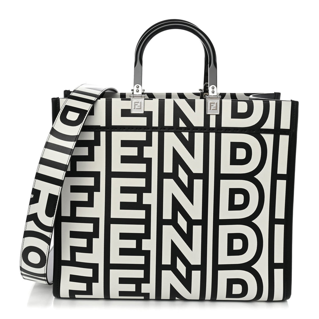 Fendi X MARC JACOBS Vitello King Logo Print Medium Fendi Sunshine Shopper Tote Black White