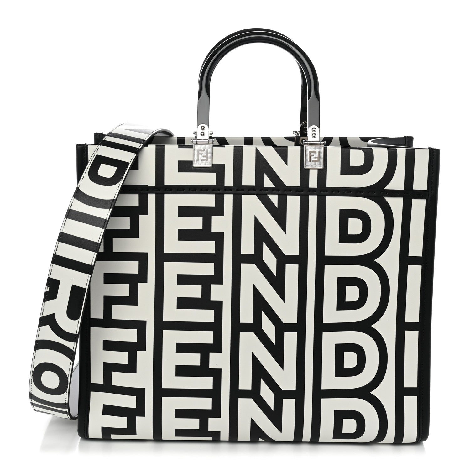 Fendi X MARC JACOBS Vitello King Logo Print Medium Fendi Sunshine Shopper Tote Black White