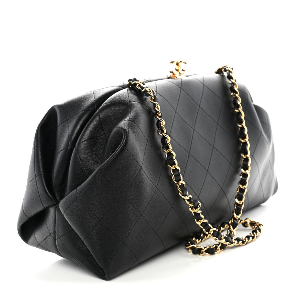 Chanel Lambskin Stitched Clutch With Chain Black