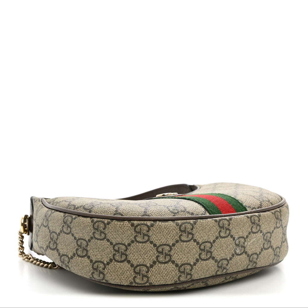 Gucci GG Supreme Monogram Textured Dollar Calfskin Web Small Ophidia Shoulder Bag Beige Ebony New Acero