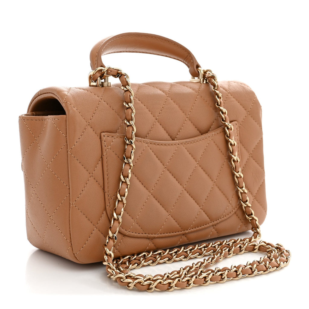 Chanel Lambskin Quilted Mini Top Handle Rectangular Flap Dark Beige