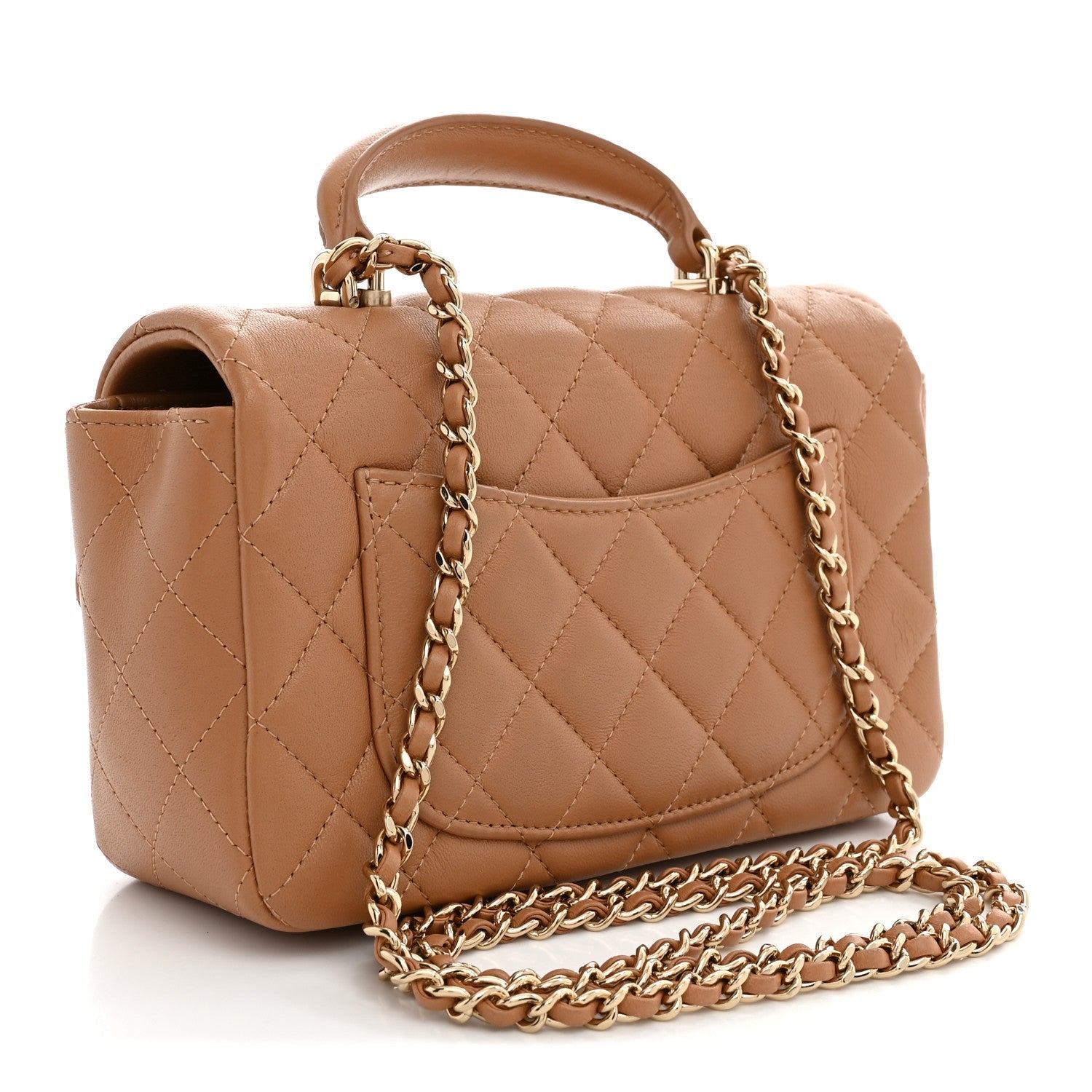 Chanel Lambskin Quilted Mini Top Handle Rectangular Flap Dark Beige