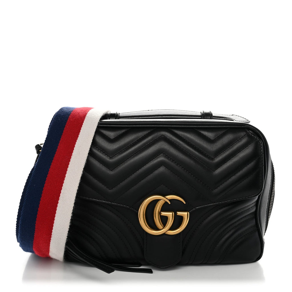 Gucci Calfskin Matelasse Sylvie Web Small GG Marmont Top Handle Shoulder Bag Black