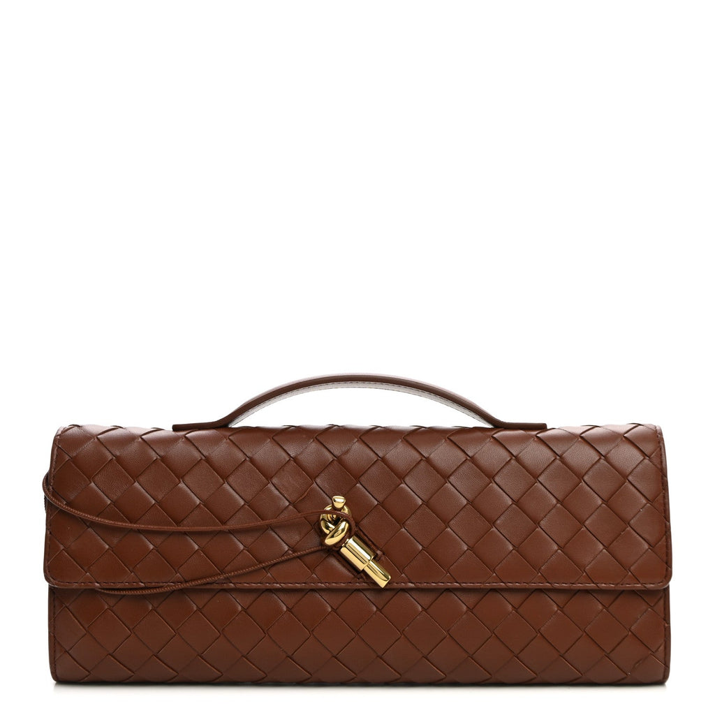 Bottega Veneta Nappa Intrecciato Long Andiamo Top Handle Clutch Sapele