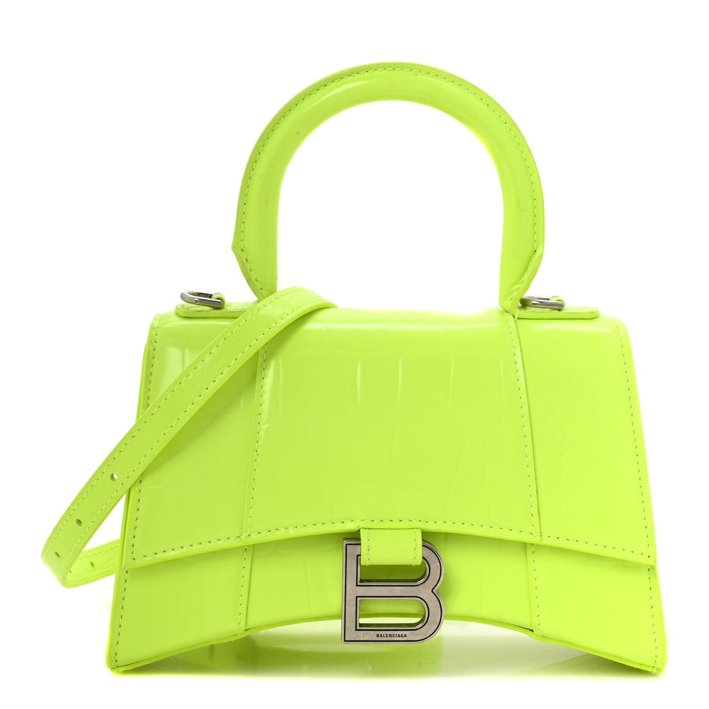 Balenciaga Shiny Calfskin Crocodile Embossed Hourglass Top Handle Bag XS Fluo Yellow