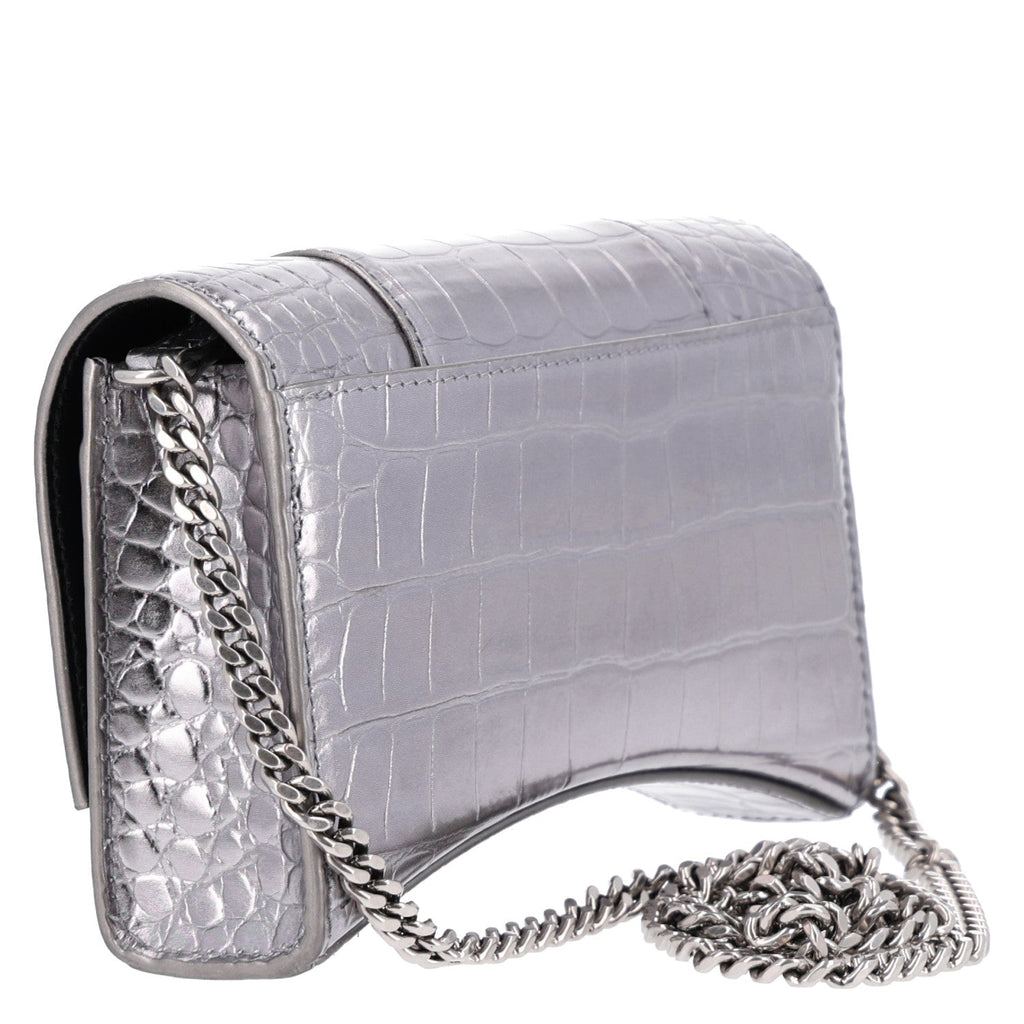 Balenciaga Metallic Calfskin Crocodile Embossed Hourglass Chain Bag Silver