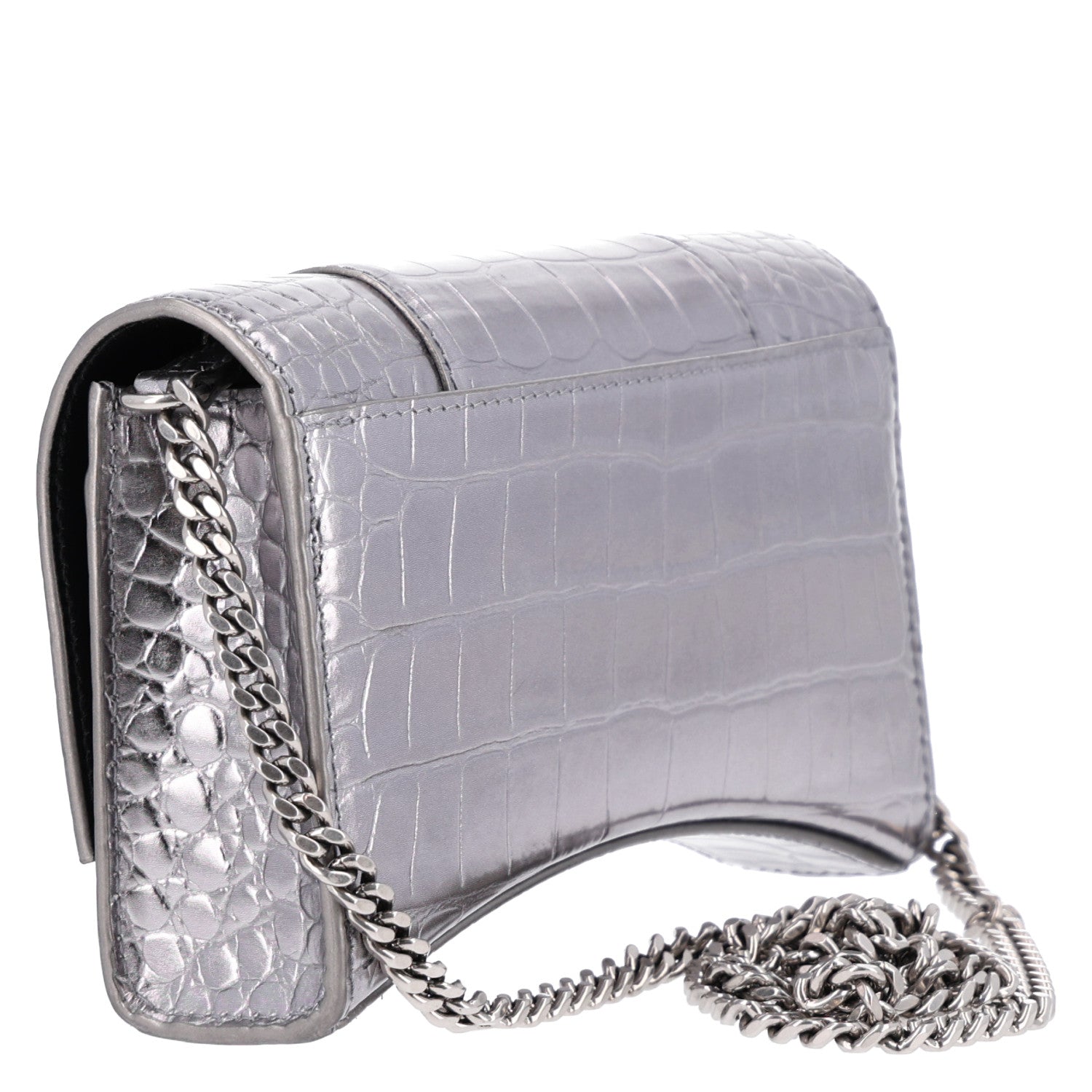 Balenciaga Metallic Calfskin Crocodile Embossed Hourglass Chain Bag Silver