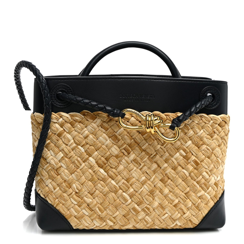 Bottega Veneta Raffia Lambskin Intrecciato Small Andiamo Shoulder Bag Natural Midnight