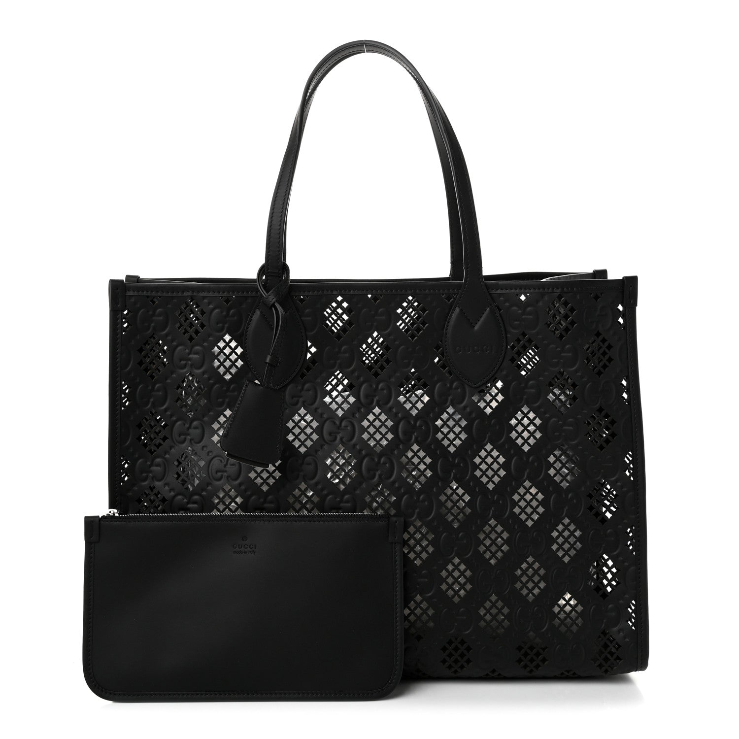 Gucci Calfskin GG Monogram Diamond Cut Medium Ophidia Tote Bag Black