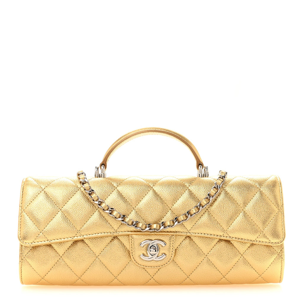 Chanel Metallic Caviar Quilted Top Handle Long Clutch With Chain Gold