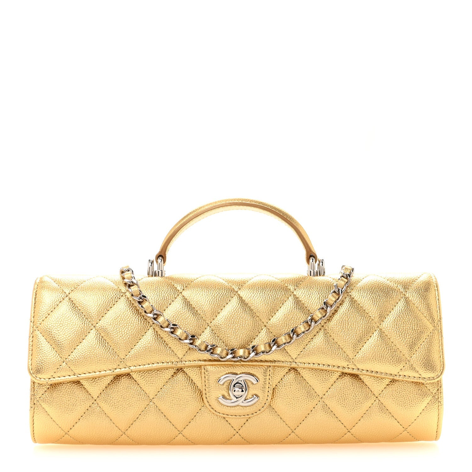 Chanel Metallic Caviar Quilted Top Handle Long Clutch With Chain Gold