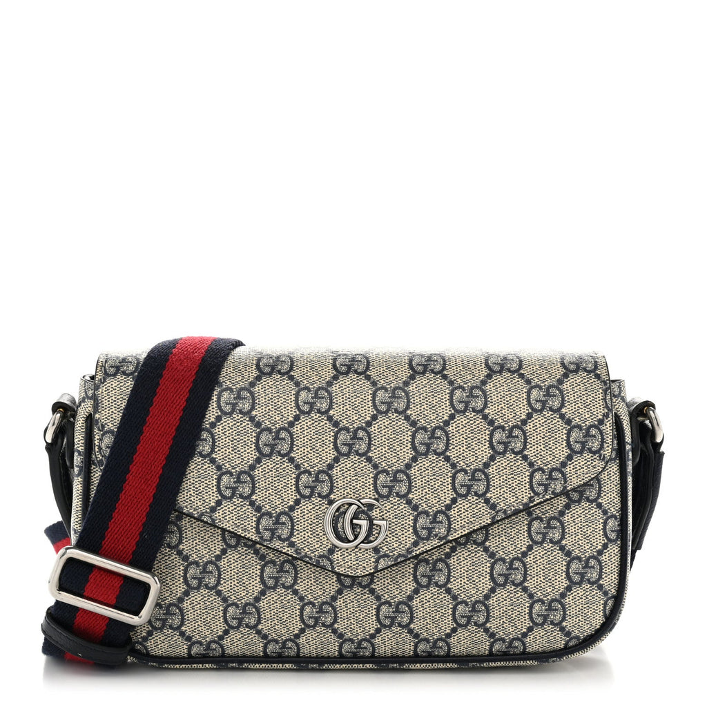 Gucci GG Supreme Monogram Textured Dollar Calfskin Web Mini Ophidia Envelope Shoulder Bag Beige Blue