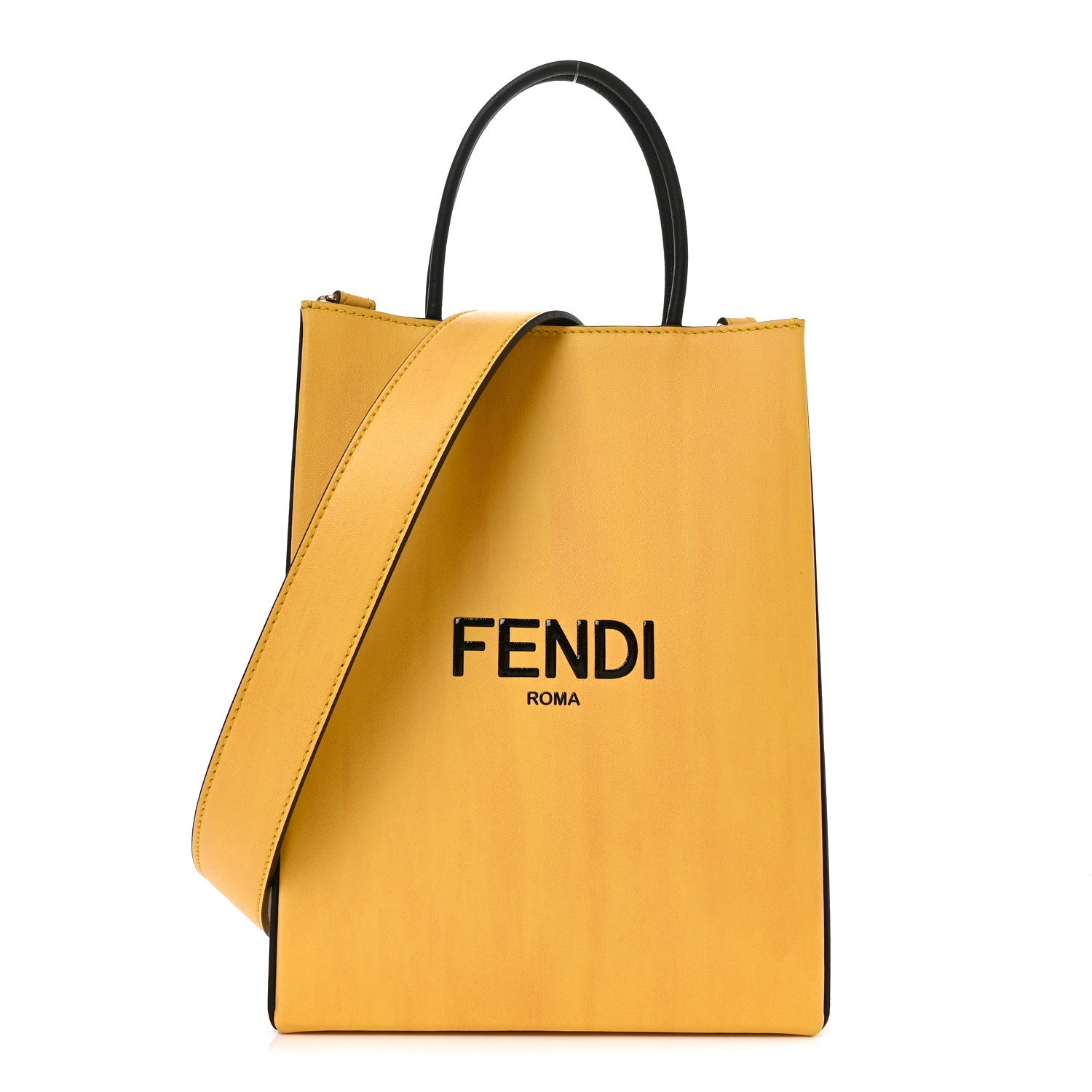 Fendi Vitello Fluffy Logo Small Pack Shopper Tote Yellow Box Black