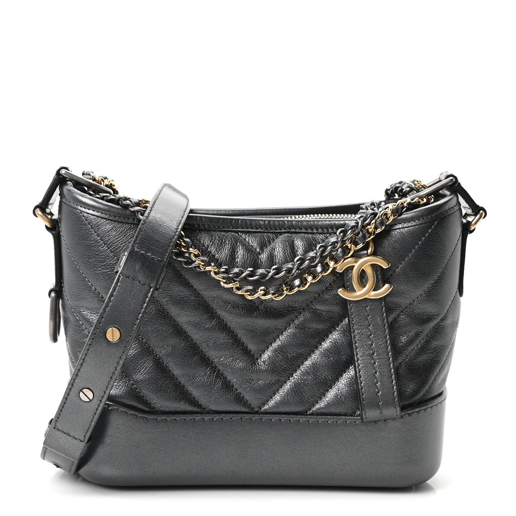 Chanel Metallic Aged Calfskin Chevron Quilted Small Gabrielle Hobo Dark Grey