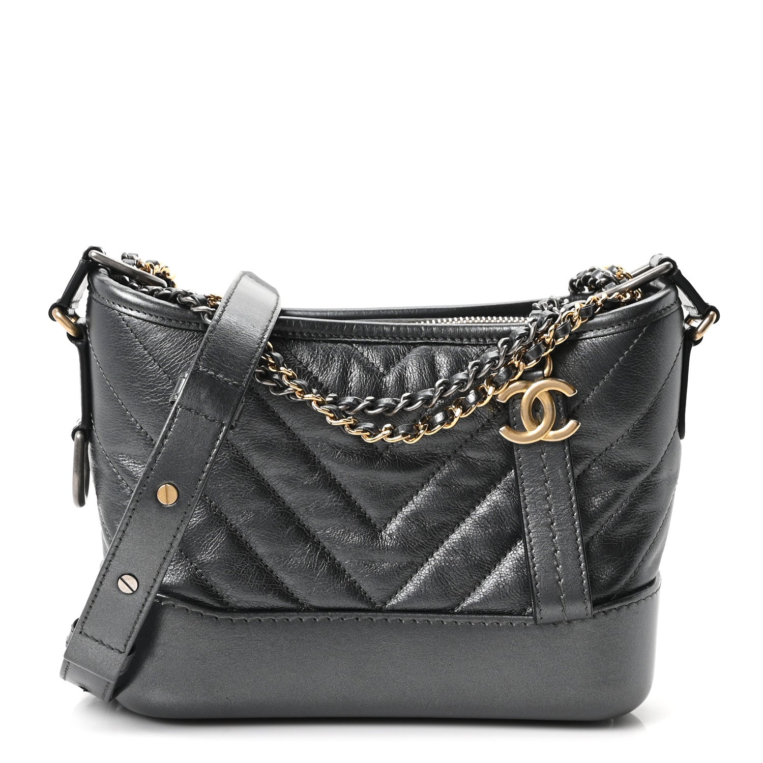 Chanel Metallic Aged Calfskin Chevron Quilted Small Gabrielle Hobo Dark Grey