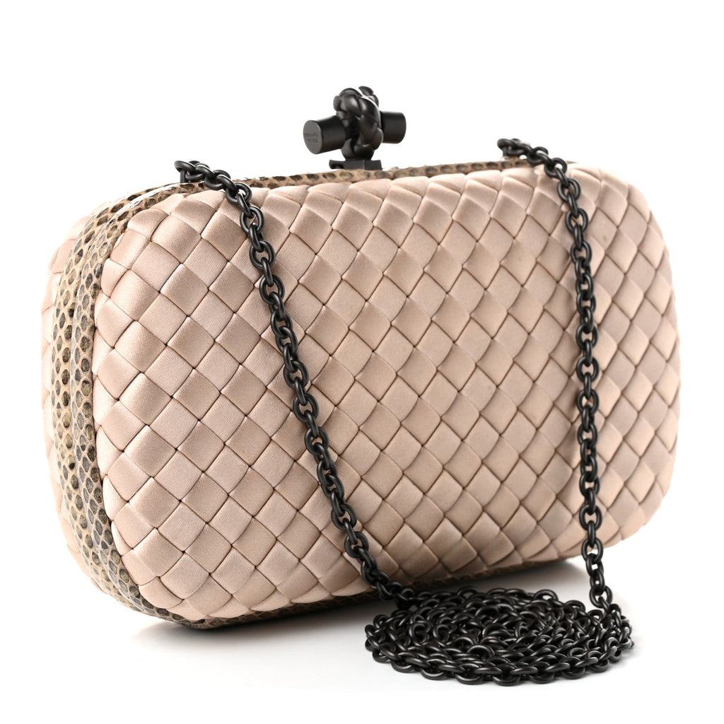 Bottega Veneta Satin Ayers Intrecciato Chain Knot Clutch Nude