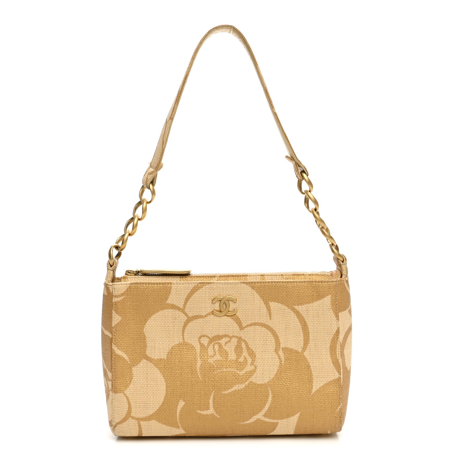 Chanel Woven Straw Camellia Print Shoulder Bag Gold