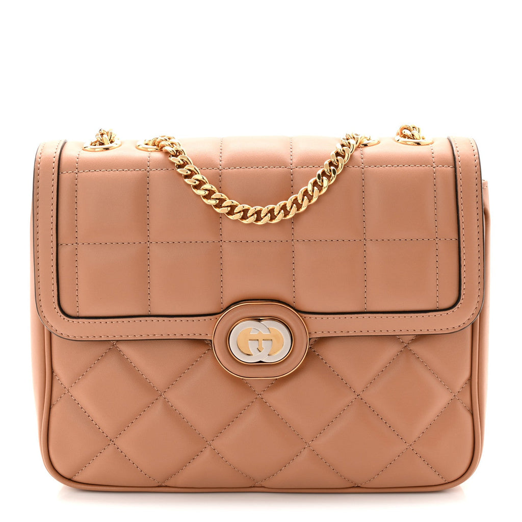 Gucci Calfskin Quilted Small Deco Shoulder Bag Camelia