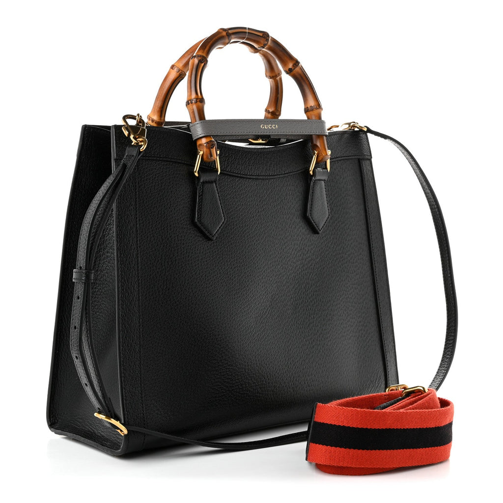 Gucci Textured Dollar Calfskin Web Medium Diana Tote Bag Black Dusty Grey