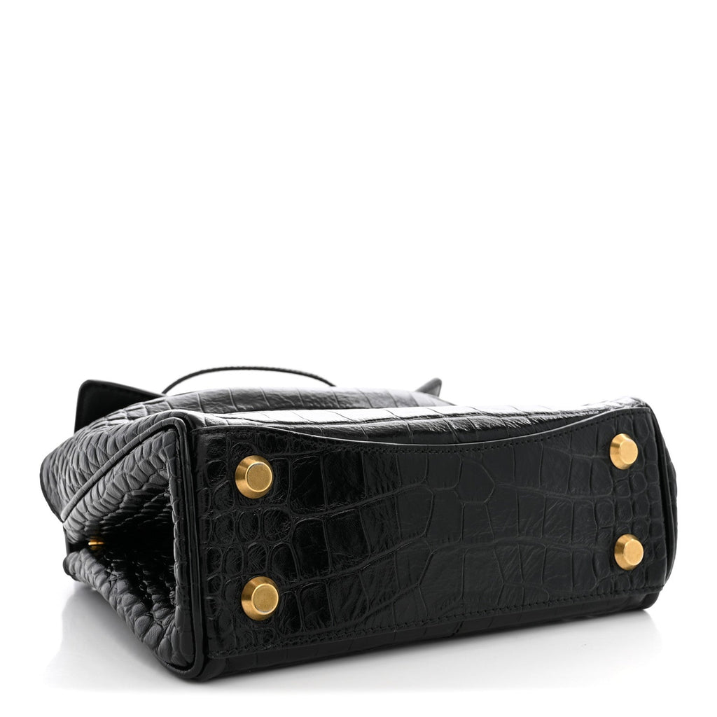 Balenciaga Shiny Calfskin Crocodile Embossed Mini Rodeo Top Handle Handbag Black