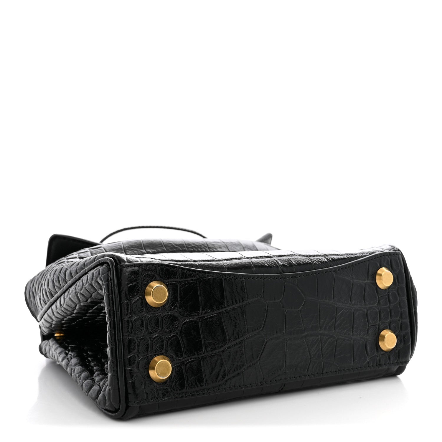 Balenciaga Shiny Calfskin Crocodile Embossed Mini Rodeo Top Handle Handbag Black