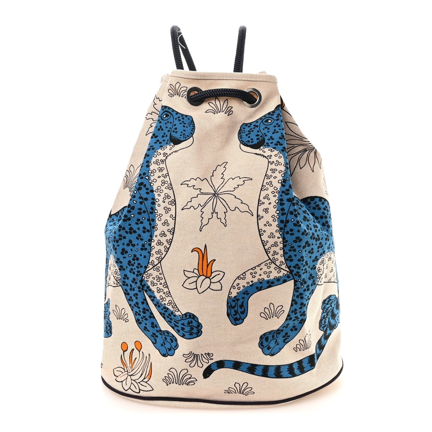 Hermès Cotton Canvas Les Leopards Tote Bag Bleu Sable
